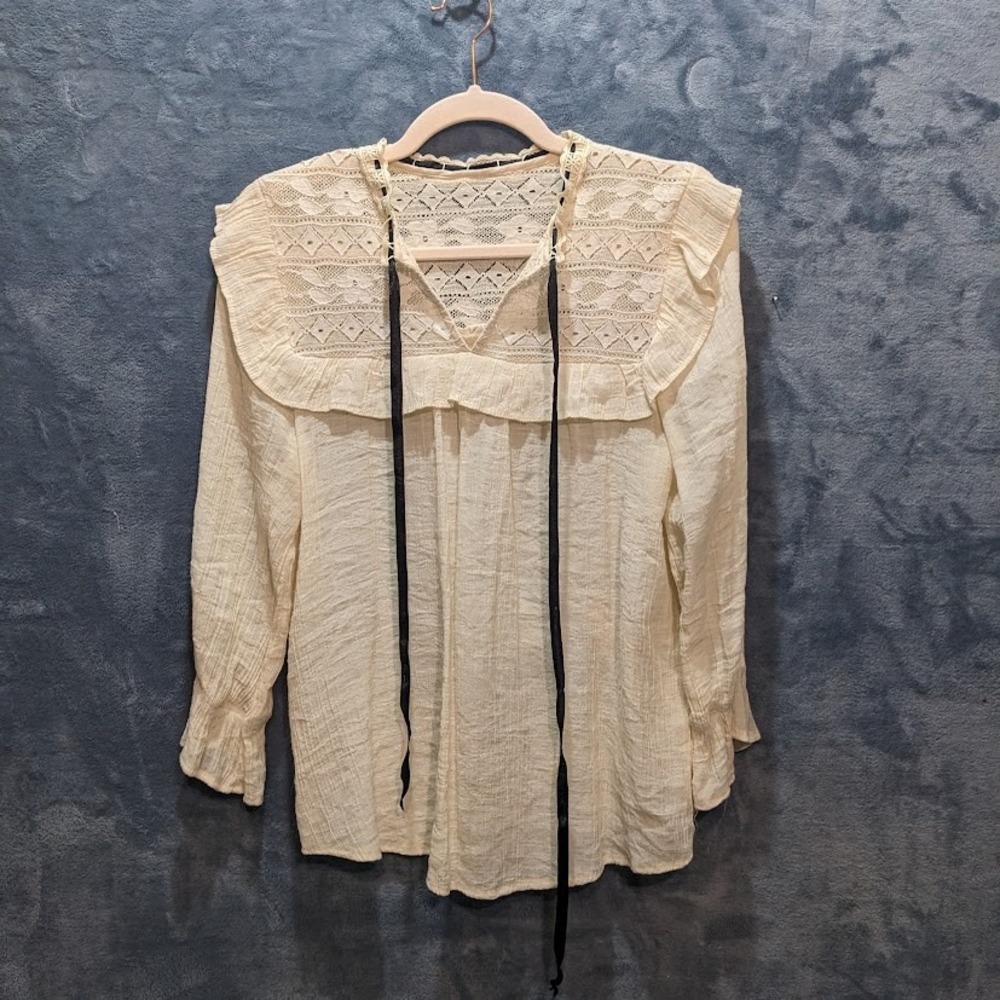 Cottagecore Lace Bib Blouse Cream Crinkle Gauze Ruffle Collar Ribbon Tie Boho - Picture 13 of 13